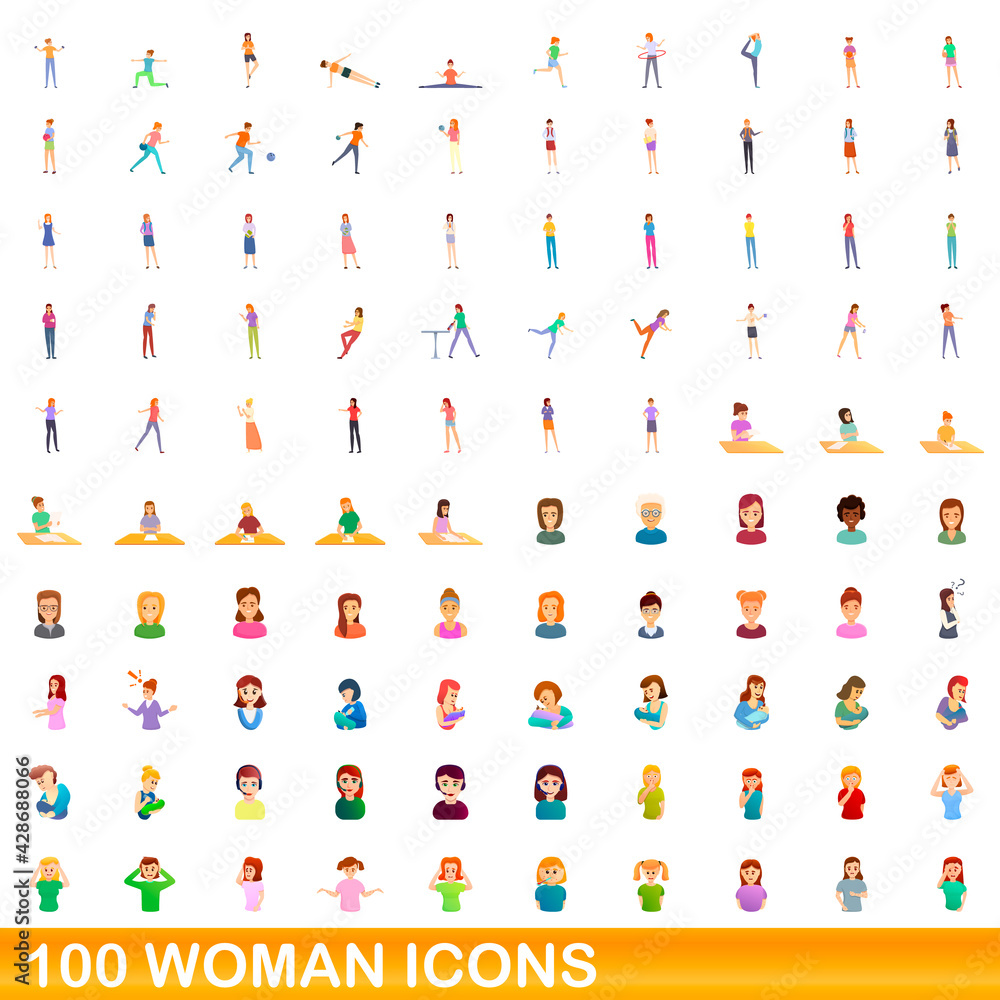100 woman icons set. Cartoon illustration of 100 woman icons vector set isolated on white background 100 woman icons set. Cartoon illustration of 100 woman icons vector set isolated on white background