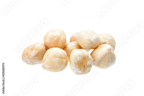 hazelnuts peeled walnuts round pile close-up of protein healthy food isolated on white background, nobody.