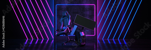 Professional gamers, game chair . Concept cyber sport arena. 3d rendering	
 photo