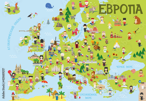 Funny cartoon map of Europe in russian with childrens of different nationalities, representative monuments, animals and objects of all the countries. Vector illustration for preschool education