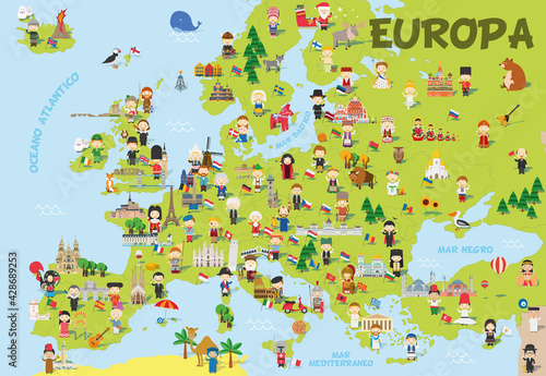 Funny cartoon map of Europe in spanish with childrens of different nationalities, representative monuments, animals and objects of all the countries. Vector illustration for preschool education