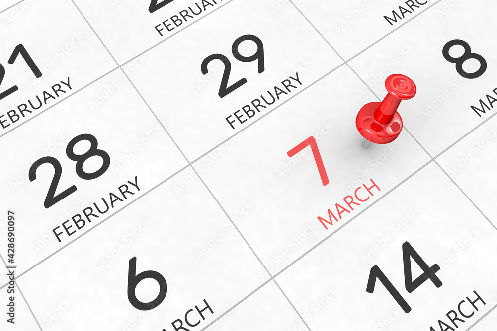 3d rendering of important days concept. March 7th. Day 7 of month. Red date written and pinned on a calendar. Spring month, day of the year. Remind you an important event or possibility. 3d rendering of important days concept. March 7th. Day 7 of month. Red date written and pinned on a calendar. Spring month, day of the year. Remind you an important event or possibility.