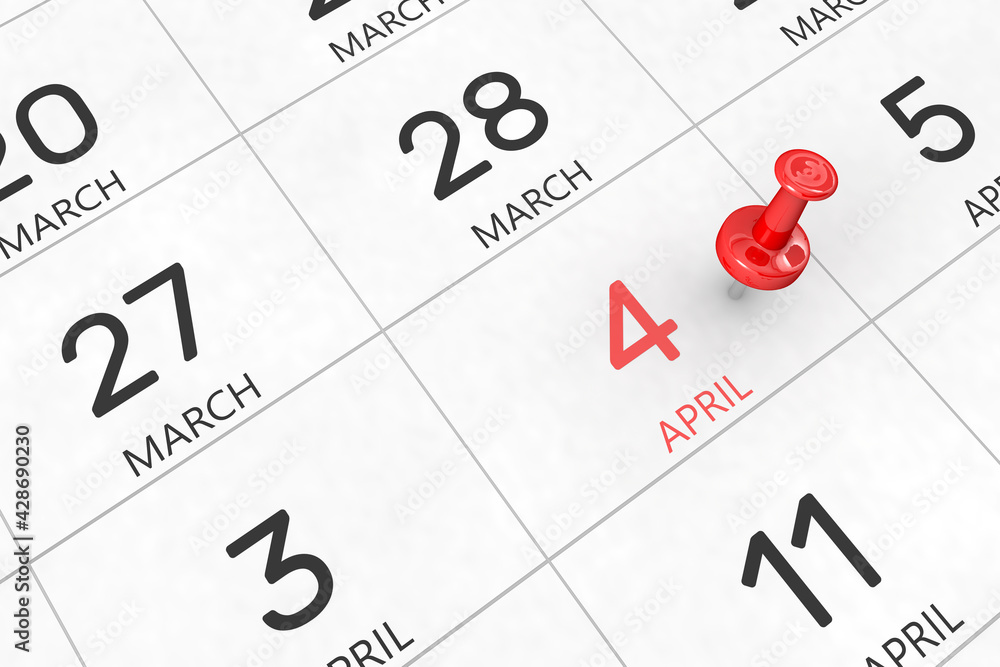 3d rendering of important days concept. April 4th. Day 4 of month. Red date written and pinned on a calendar. Spring month, day of the year. Remind you an important event or possibility. 3d rendering of important days concept. April 4th. Day 4 of month. Red date written and pinned on a calendar. Spring month, day of the year. Remind you an important event or possibility.