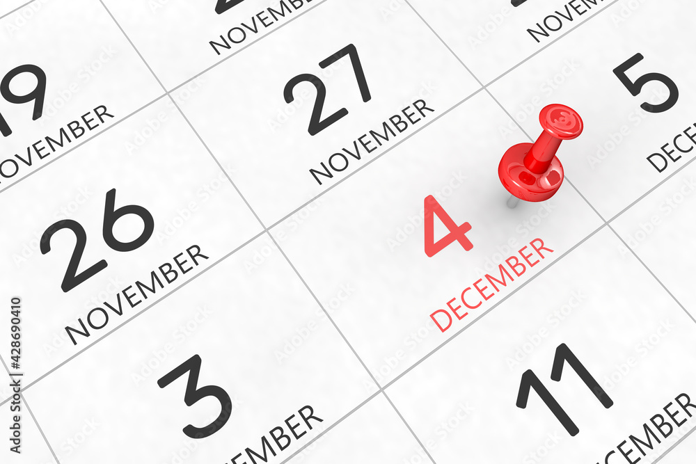 3d rendering of important days concept. December 4th. Day 4 of month. Red date written and pinned on a calendar. Winter month, day of the year. Remind you an important event or possibility. 3d rendering of important days concept. December 4th. Day 4 of month. Red date written and pinned on a calendar. Winter month, day of the year. Remind you an important event or possibility.