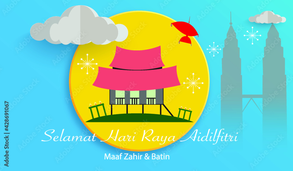  Vector illustration with traditional malay kampung village house and cityscape background.