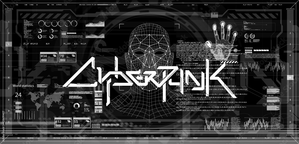 Black and white screen banner concept cyberpunk with HUD interface and scan palm, face and fingerprint. Banner with lettering and elements scifi design. Cyberpunk art. Digital vector illustration HUD