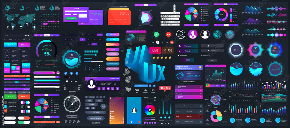 Dark set elements user interface. Universal collection for Web, UI, UX and KIT. Colorful interface, neon design. Big set UI elements - navigation, buttons, graphic bars and charts. Vector collection