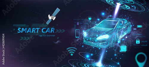 Futuristic electric smart car in polygonal style with HUD interface and icons. Hologram smart auto in Wireframe in line low-poly. Smart automobile banner. Virtual graphic interface HUD. Vector © SergeyBitos