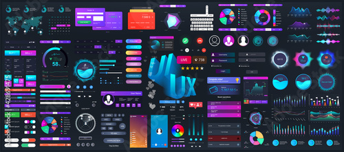 Dark set elements user interface. Universal collection for Web, UI, UX and KIT. Colorful interface, neon design. Big set UI elements - navigation, buttons, graphic bars and charts. Vector collection photo