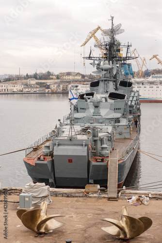 Sevastopol. Russia. December 2020. Guard ship Sharp-witted with new propellers. Large anti-submarine ship waiting to replace propellers.