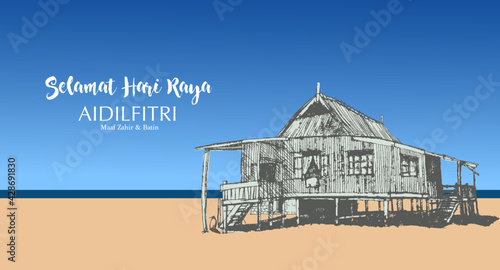 Selamat Hari Raya Aidilfitri vector illustration with traditional malay village house / Kampung along the beach. Caption: Fasting Day of Celebration