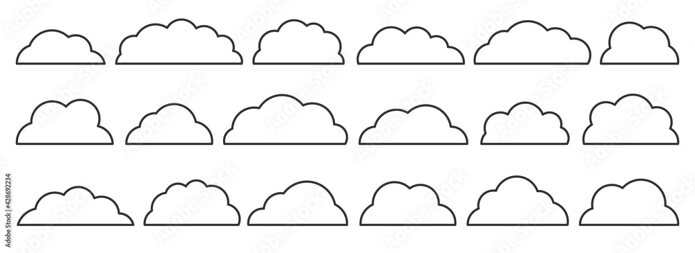 Line black empty flat vector cloud set. Clouds cartoon symbols on white background for web site design, logo, app. Bubble icon collection for infographic design. Label and stickers