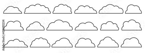 Line black empty flat vector cloud set. Clouds cartoon symbols on white background for web site design, logo, app. Bubble icon collection for infographic design. Label and stickers