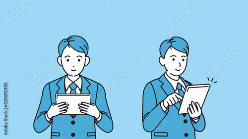 タブレットを使うスーツ姿の男性　会社員　ビジネスマン　上半身　イラスト素材