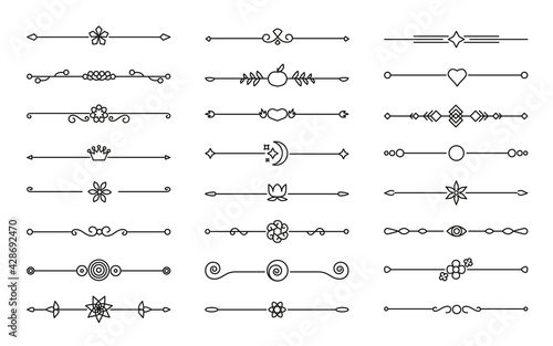 Flower and leaf vector line dividers, borders on isolated white. Decorative ornaments for scrapbook, card, book, wedding invate, menu or certificate. Chapter decorations and delimiters set.