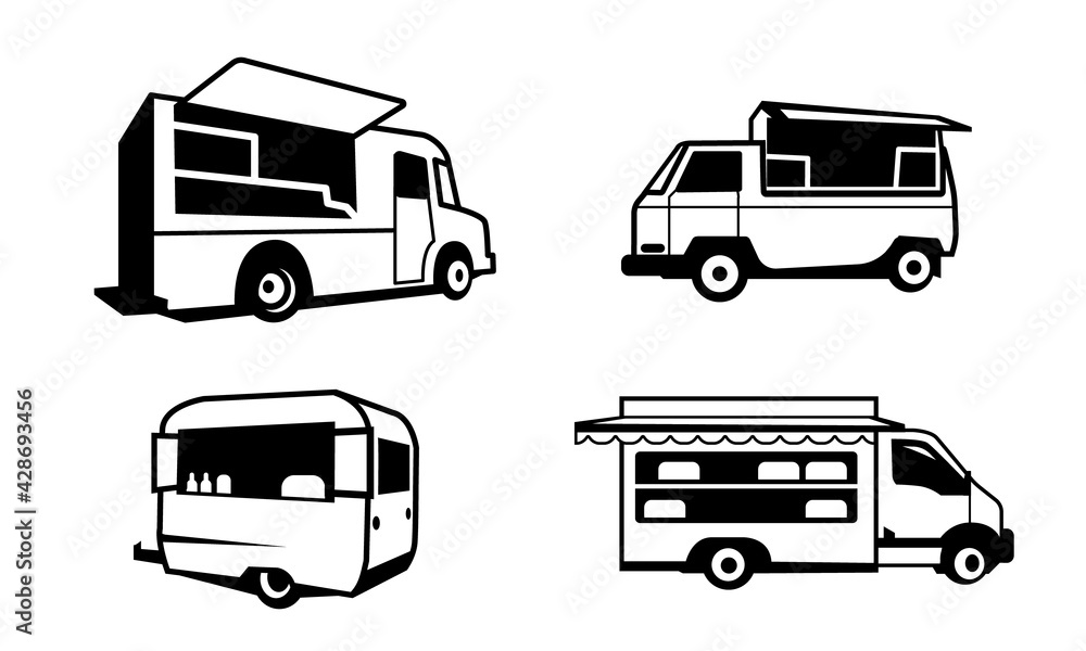 simple black and white food truck icon vector set