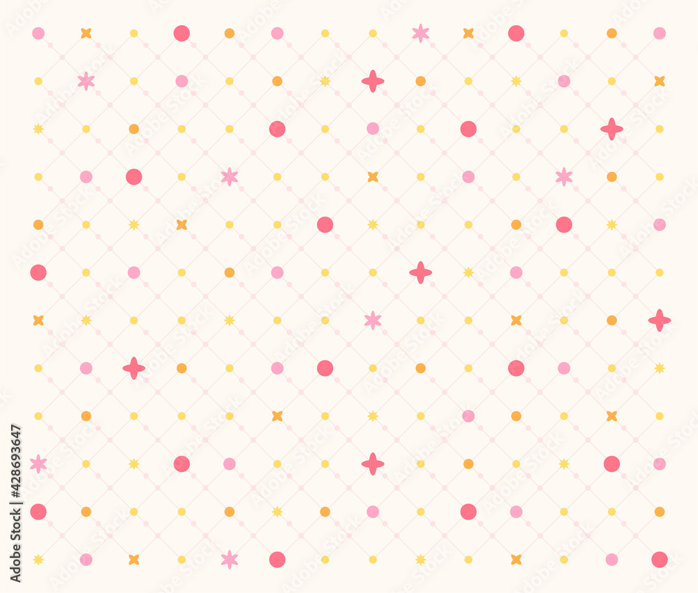 Stars twinkling on the grid repeat various colors and shapes. Simple pattern design template.