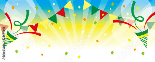 旗とクラッカーと鮮やかな黄色と水色のグラデーション背景イラスト 