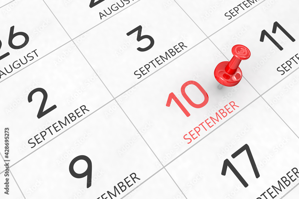 3d rendering of important days concept. September 10th. Day 10 of month. Red date written and pinned on a calendar. Autumn month, day of the year. Remind you an important event or possibility. 3d rendering of important days concept. September 10th. Day 10 of month. Red date written and pinned on a calendar. Autumn month, day of the year. Remind you an important event or possibility.