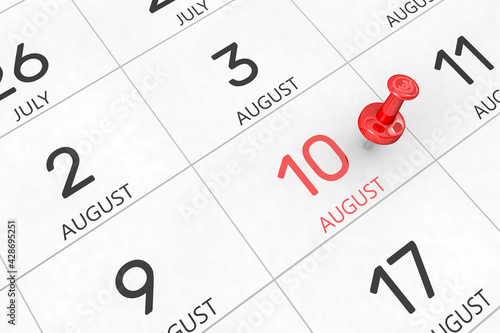 3d rendering of important days concept. August 10th. Day 10 of month. Red date written and pinned on a calendar. Summer month, day of the year. Remind you an important event or possibility.