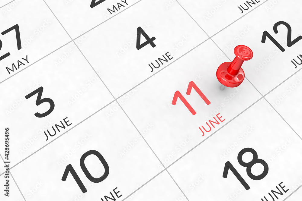 3d rendering of important days concept. June 11th. Day 11 of month. Red date written and pinned on a calendar. Summer month, day of the year. Remind you an important event or possibility. 3d rendering of important days concept. June 11th. Day 11 of month. Red date written and pinned on a calendar. Summer month, day of the year. Remind you an important event or possibility.