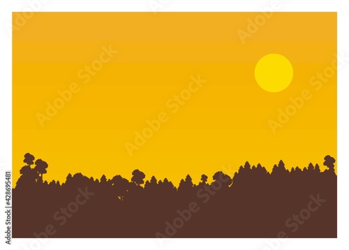 Forest silhouette with sunset sky background.  Simple flat illustration.