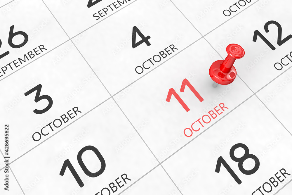3d rendering of important days concept. October 11th. Day 11 of month. Red date written and pinned on a calendar. Autumn month, day of the year. Remind you an important event or possibility. 3d rendering of important days concept. October 11th. Day 11 of month. Red date written and pinned on a calendar. Autumn month, day of the year. Remind you an important event or possibility.