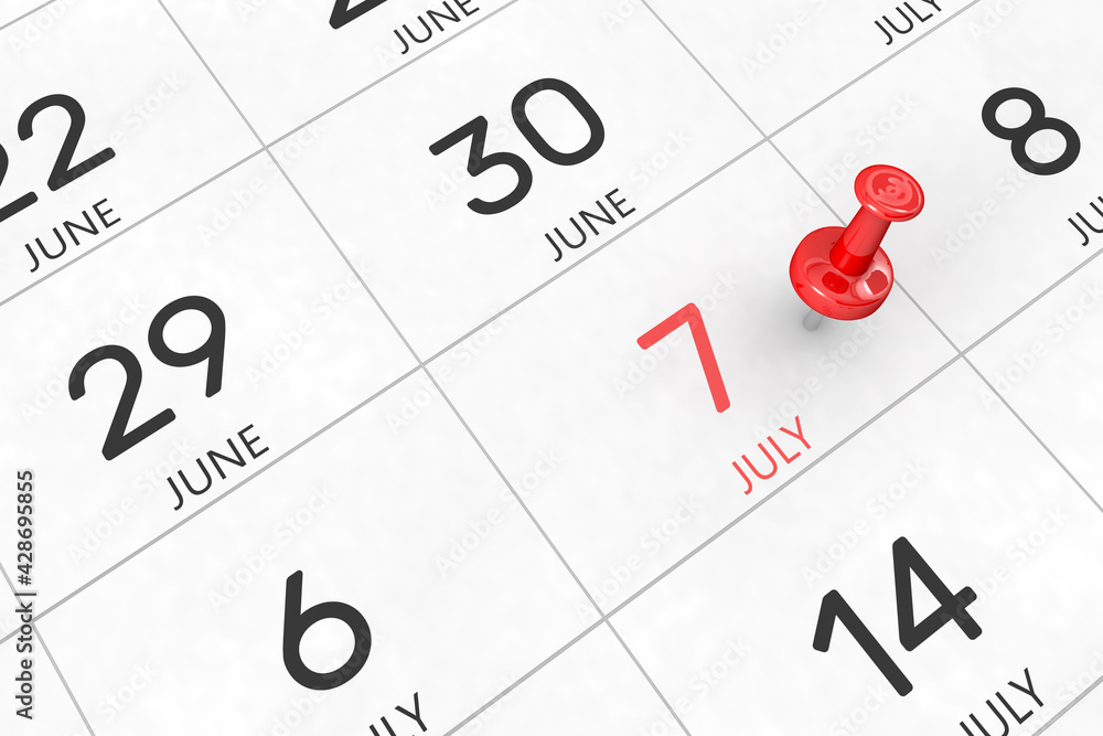 3d rendering of important days concept. July 7th. Day 7 of month. Red date written and pinned on a calendar. Summer month, day of the year. Remind you an important event or possibility. 3d rendering of important days concept. July 7th. Day 7 of month. Red date written and pinned on a calendar. Summer month, day of the year. Remind you an important event or possibility.