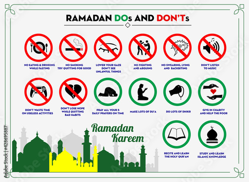 set of rules sign in ramadan or sign do and do not thing in ramadan or restricted during month ramadan etiquette tips concept. eps 10 vector