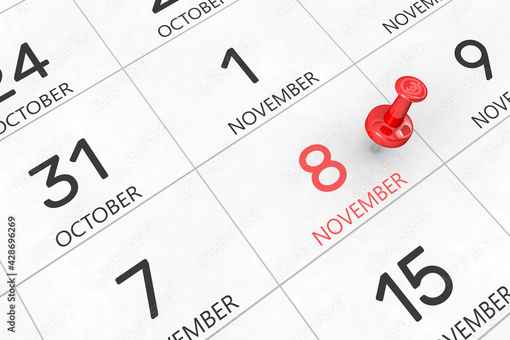 3d rendering of important days concept. November 8th. Day 8 of month. Red date written and pinned on a calendar. Autumn month, day of the year. Remind you an important event or possibility. 3d rendering of important days concept. November 8th. Day 8 of month. Red date written and pinned on a calendar. Autumn month, day of the year. Remind you an important event or possibility.