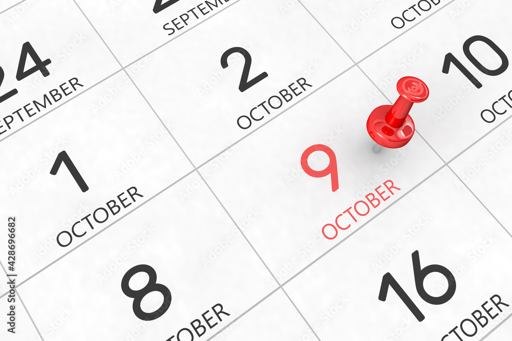 3d rendering of important days concept. October 9th. Day 9 of month