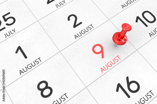3d rendering of important days concept. August 9th. Day 9 of month. Red date written and pinned on a calendar. Summer month, day of the year. Remind you an important event or possibility.