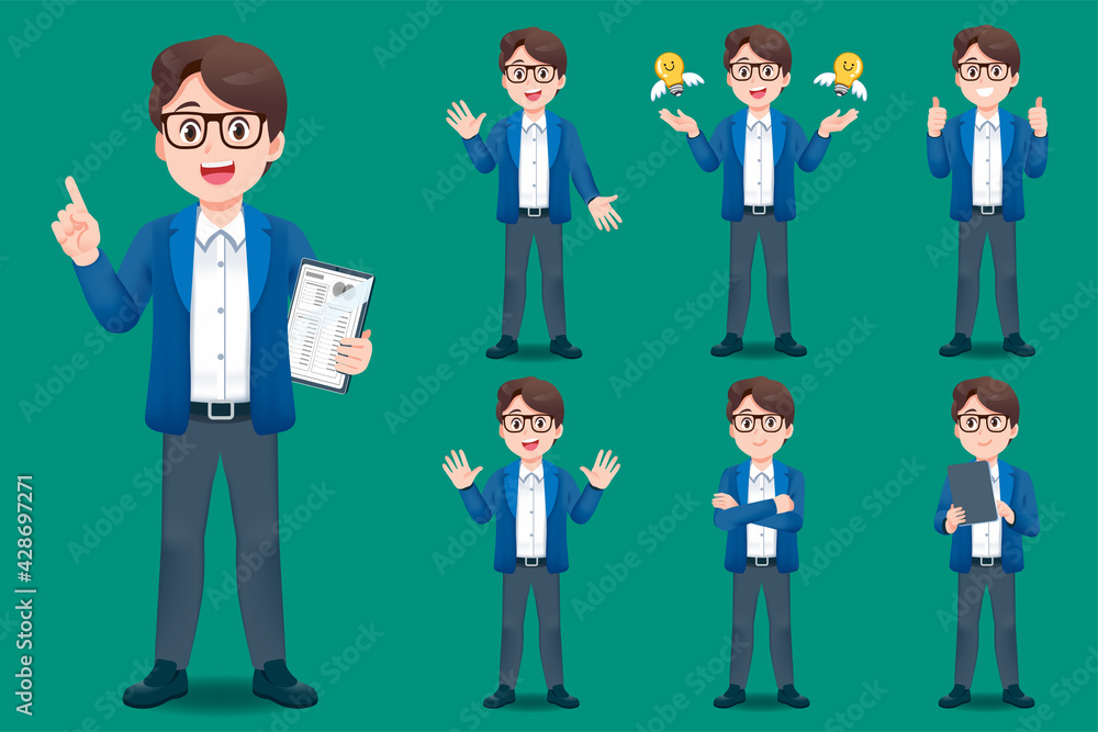 Asian young man teacher have different gestures for introducing classroom and learning services for children. Asian young man teacher have different gestures for introducing classroom and learning services for children.