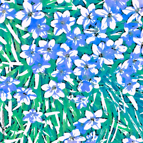 Waterlogue Watercolor Blue Spring Flowers Illustration (Blotted) photo