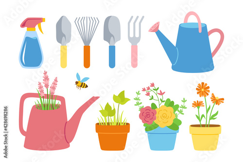 Gardening tools and flowers in pot flat cartoon set. Houseplants roses and lavender  shovel  rake  spray watering can. Hand drawn work equipment. Construction equipment collection vector illustration