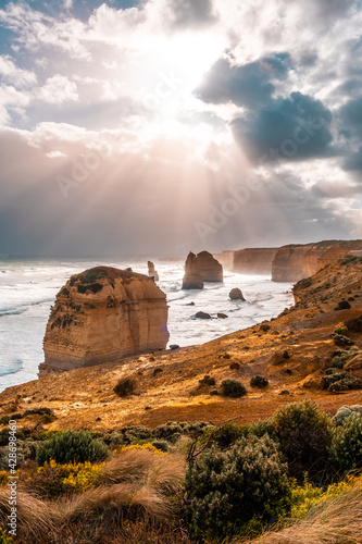 Beautiful sunlight over the famous 12 Apostles rocks in Victoria, Australia