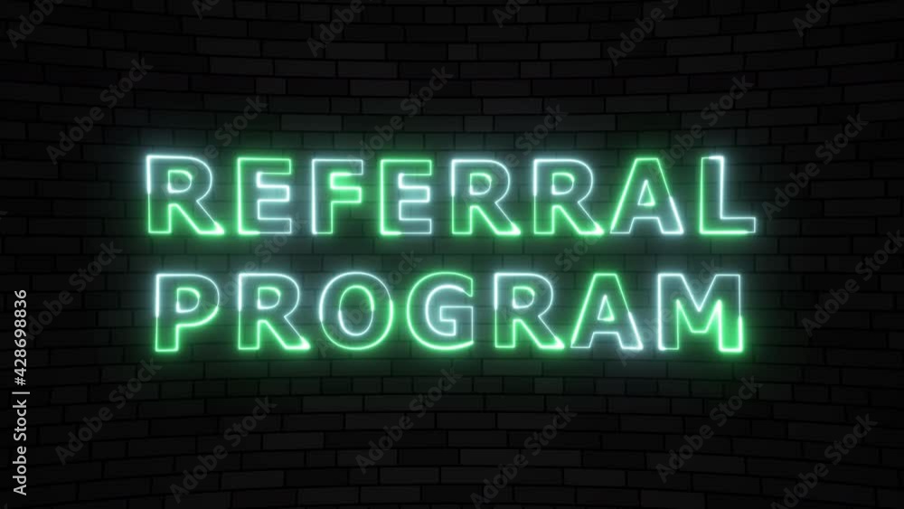 'REFERRAL PROGRAM' blue and green energy border lines title animation with reflection on a floor. Simple seamless loop animated text. 4k typography motion graphic 'REFERRAL PROGRAM' blue and green energy border lines title animation with reflection on a floor. Simple seamless loop animated text. 4k typography motion graphic
