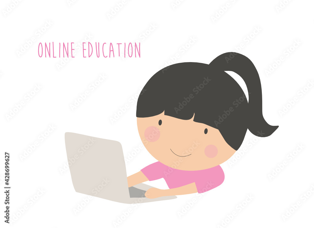 Online education concept, cute girl using laptop to study at home vector illustration. Online education concept, cute girl using laptop to study at home vector illustration.