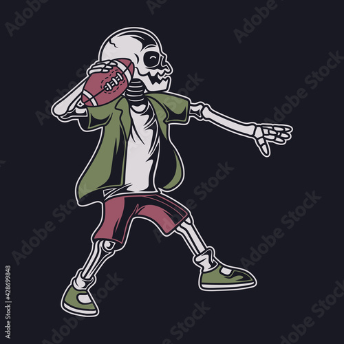 vintage t shirt design the skull is ready to throw the ball football illustration