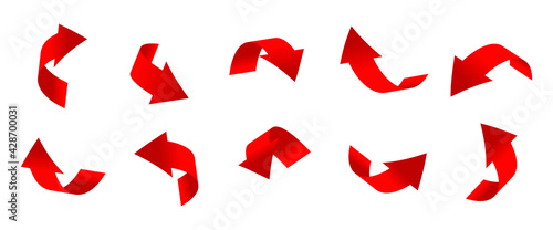Gradient red curved arrows 3d set. Icons of cursor or direction. Realistic arrow twisted in various directions. Infographic object a pointer sign. Rounded navigation. Isolated vector illustration