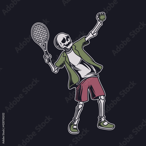 vintage t shirt design skull in the serve position tennis illustration