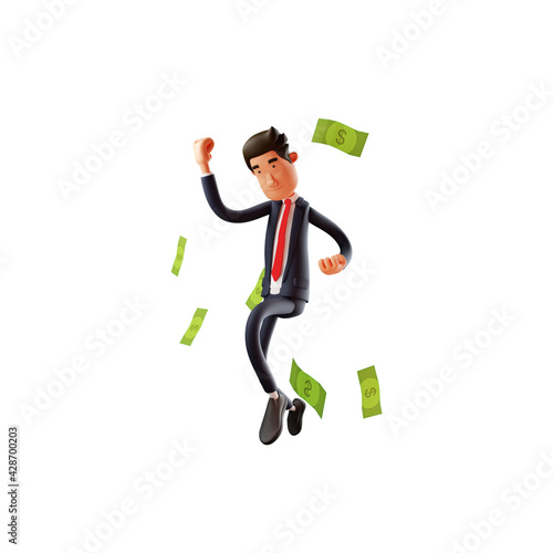 Successful Male Cartoon Character with money raining