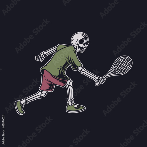 vintage t shirt design the skull in a position to take the ball down from the opponent with his racket tennis illustration