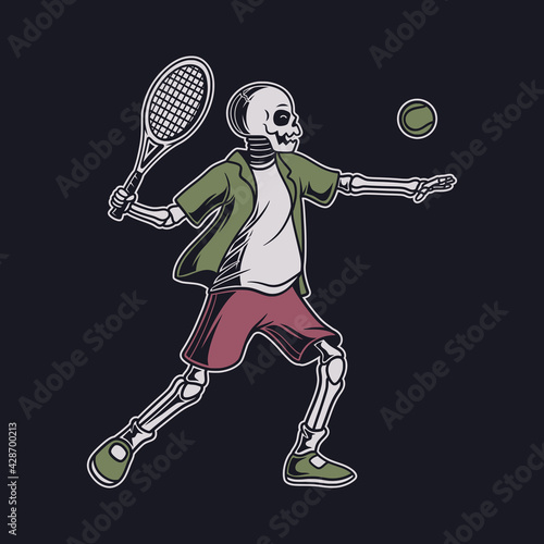 vintage t shirt design skull with the position of hitting the ball from the opponent tennis illustration
