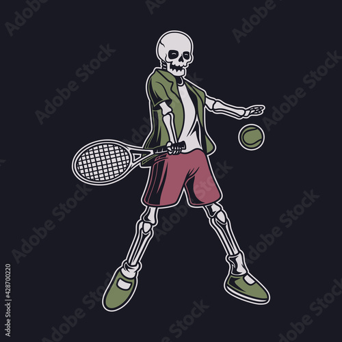 vintage t shirt design the skull in a jumping position hitting the ball tennis illustration
