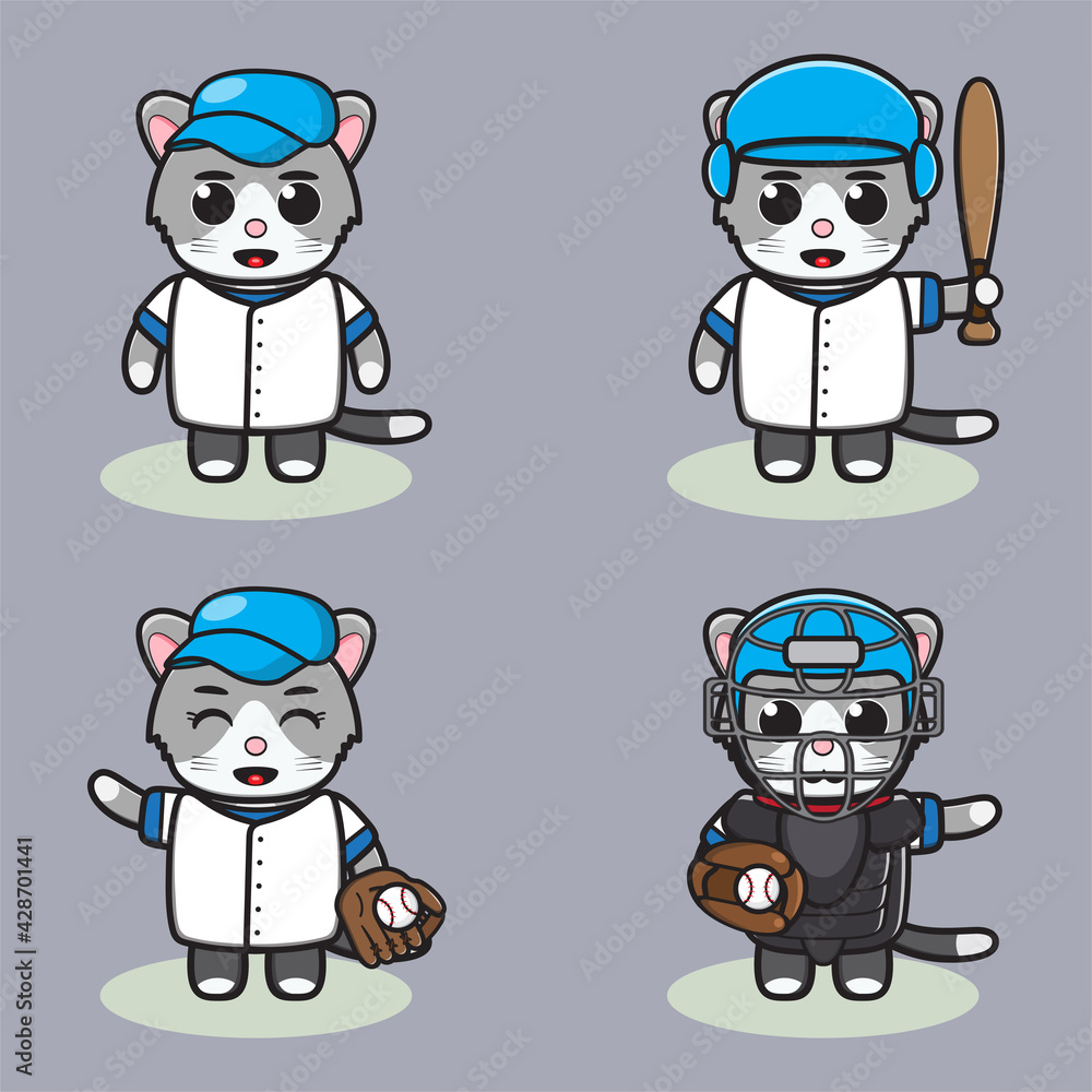 Vector illustration of cute Little Cat Baseball cartoon set. Good for icon, logo, label, sticker, clipart. Vector illustration of cute Little Cat Baseball cartoon set. Good for icon, logo, label, sticker, clipart.