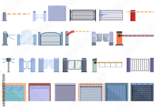 Automatic gate icons set. Cartoon set of automatic gate vector icons for web design