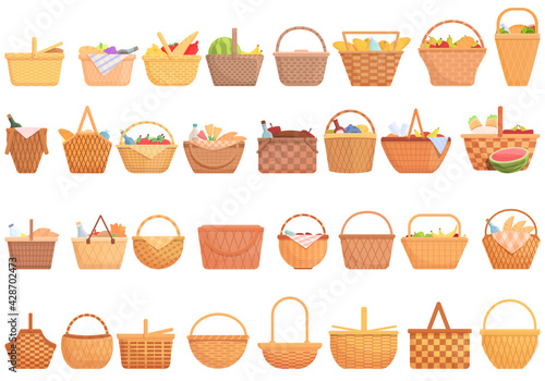 Picnic basket icons set. Cartoon set of picnic basket vector icons for web design photo