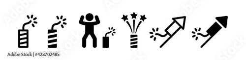 Fireworks or firecracker celebration flat set icon for apps. Person covering his ears to avoid loud noise.