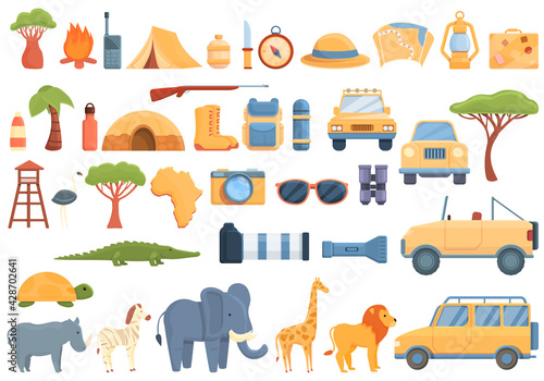 Jeep safari icons set. Cartoon set of jeep safari vector icons for web design